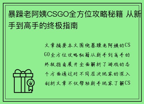 暴躁老阿姨CSGO全方位攻略秘籍 从新手到高手的终极指南