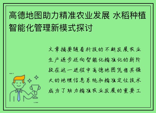 高德地图助力精准农业发展 水稻种植智能化管理新模式探讨